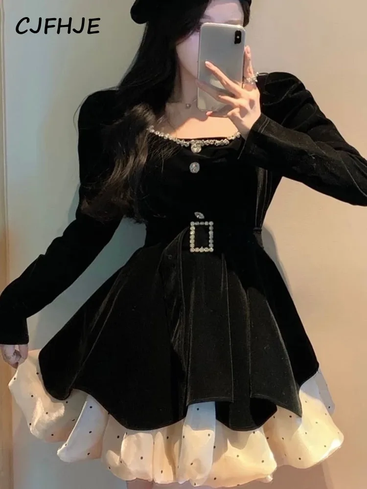 Fake Two Piece Women Dresses Fashion Bandage Dress Gauze Black Party Woman Dresses Vestidos Korean Vintage Velvet Robe 2022 New