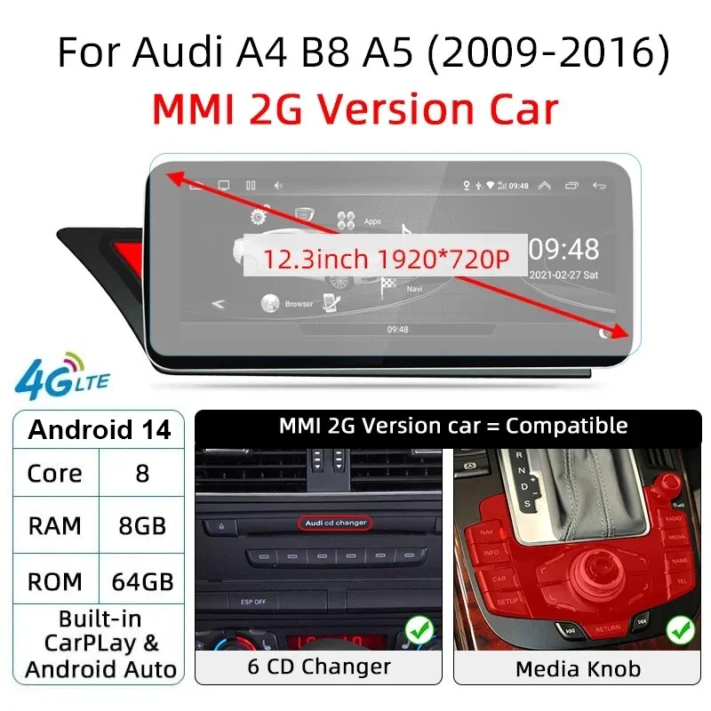 Android 14 Auto Radio CarPlay voor Audi A4 B8 A5 2008 2009 2010 MMI 2G High CD Changer Autostereo Multimedia Speler GPS Navigatie WiFi
