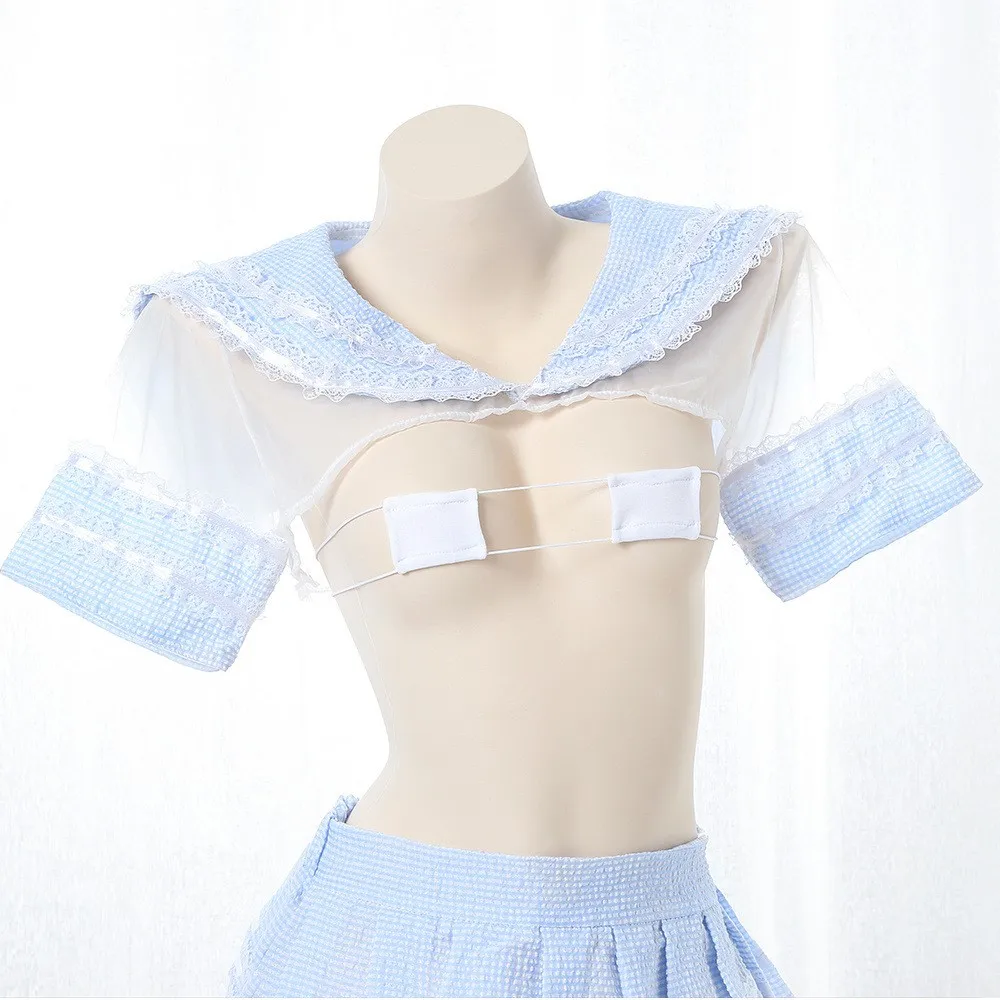 Cute Girl Anime Lace Ruffle Sailor Crop Tops Mini Plaid Skirt Cosplay Lingerie Student Lolita Japanese School Uniform Dress