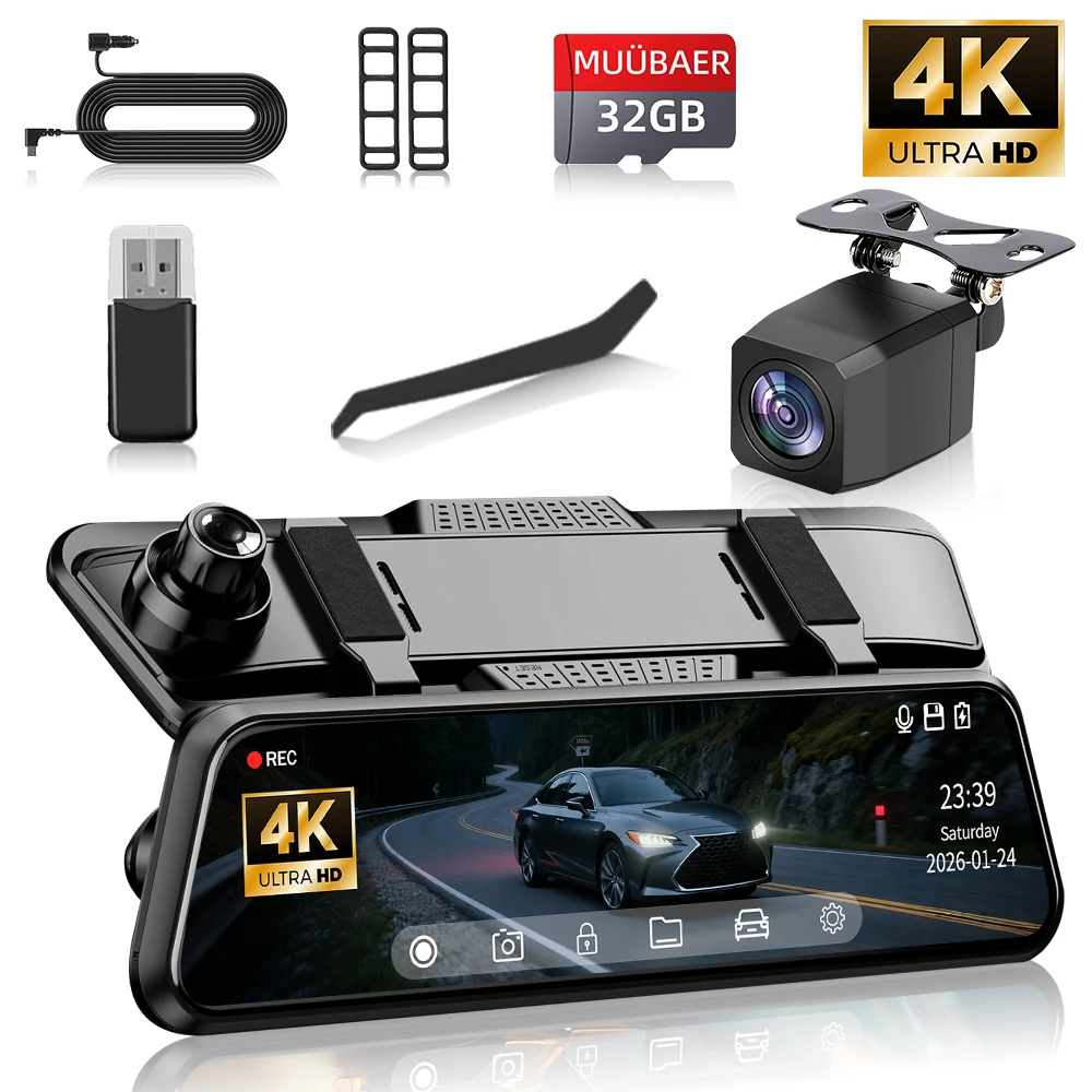 

Видеорегистратор с зеркальным экраном 9,66 дюйма, 4K спереди + 1080P сзади, IPS Full Touch, карта 32 ГБ, круглосуточный мониторинг парковки, универсальный для автомобилей