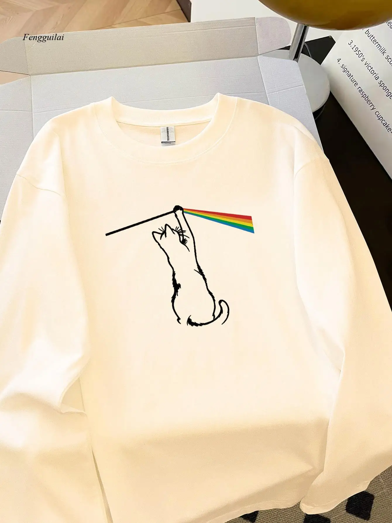 Long Sleeve T-Shirt with Cat & Rainbow Graphic Print - Casual Round Neck Unisex Top for Home, Layering, Casual Attire