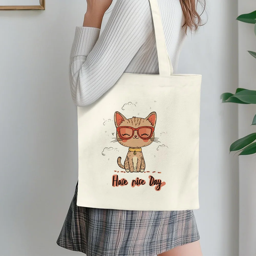 

White & Black Canvas Carryall with Playful Cat Doodle - Reusable Shopping Bag, Hand Carry Organizer for Laptop & Files Carryall