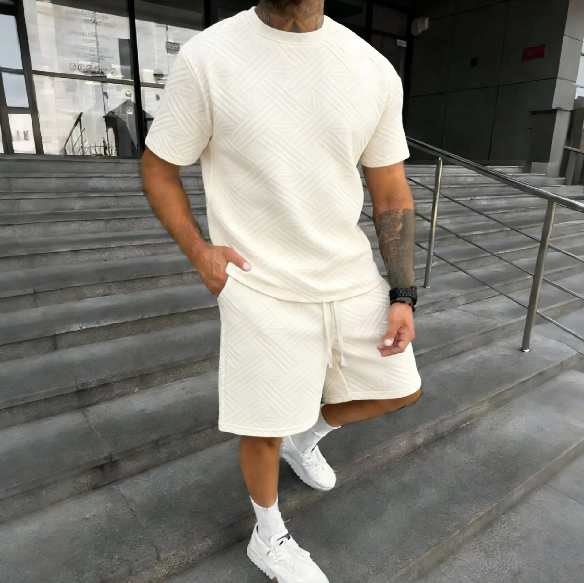 New men's summer jacquard short-sleeved shirt and short pants casual breathable… - Image 2