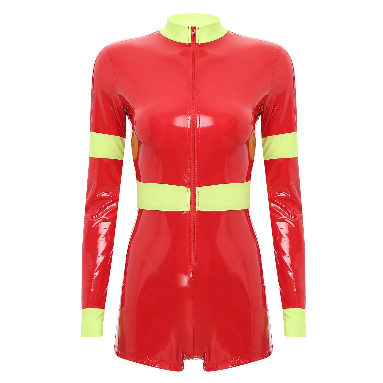 Women Patent Leather Firefighter Jumpsuit Long Sleeve Front Zipper Leotard Bodysuit Rompers Wet Look Halloween Role Play Costume