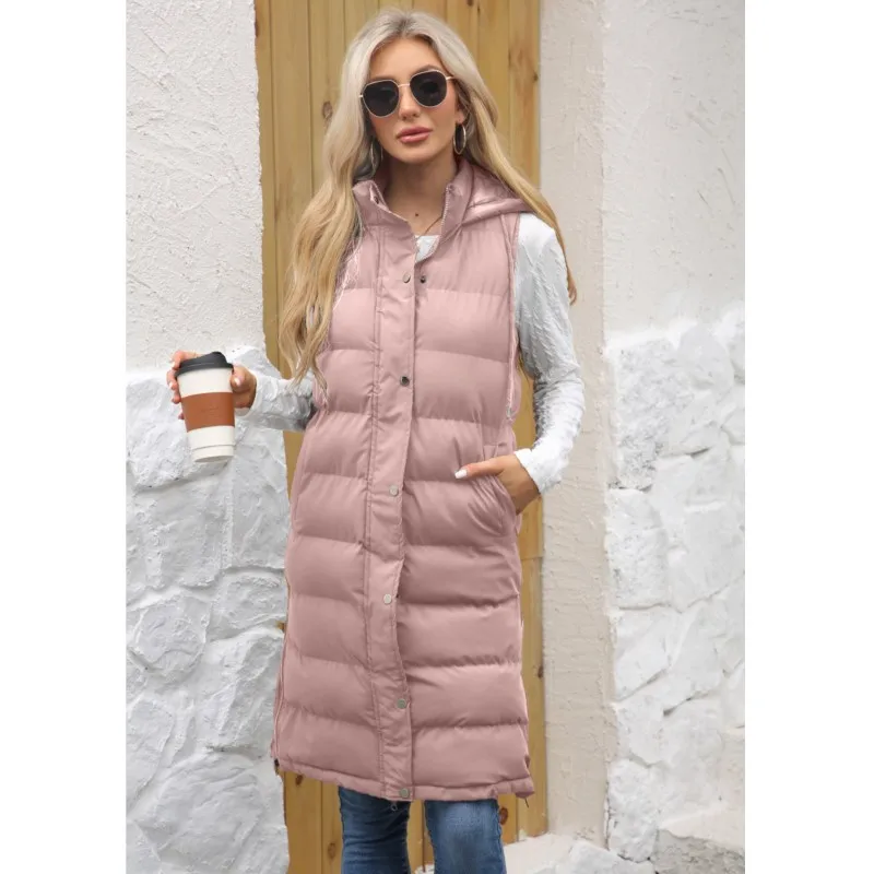 2025 nuevo chaleco de algodón con capucha a la moda para mujer Chaqueta larga abrigo color sólido sin mangas cremallera trajes cálidos gruesos