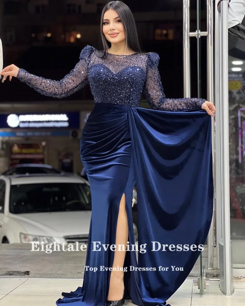 Eightale Saudi Arabic Evening Dresses O-Neck Sequin Pearls Long Sleeves Velvet Mermaid Prom Wedding Party Gowns Robes De Soirée