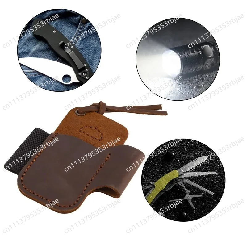 For Handmade Leather Sheath Folding Knife Flashlight Holder EDC Tool Brown CX