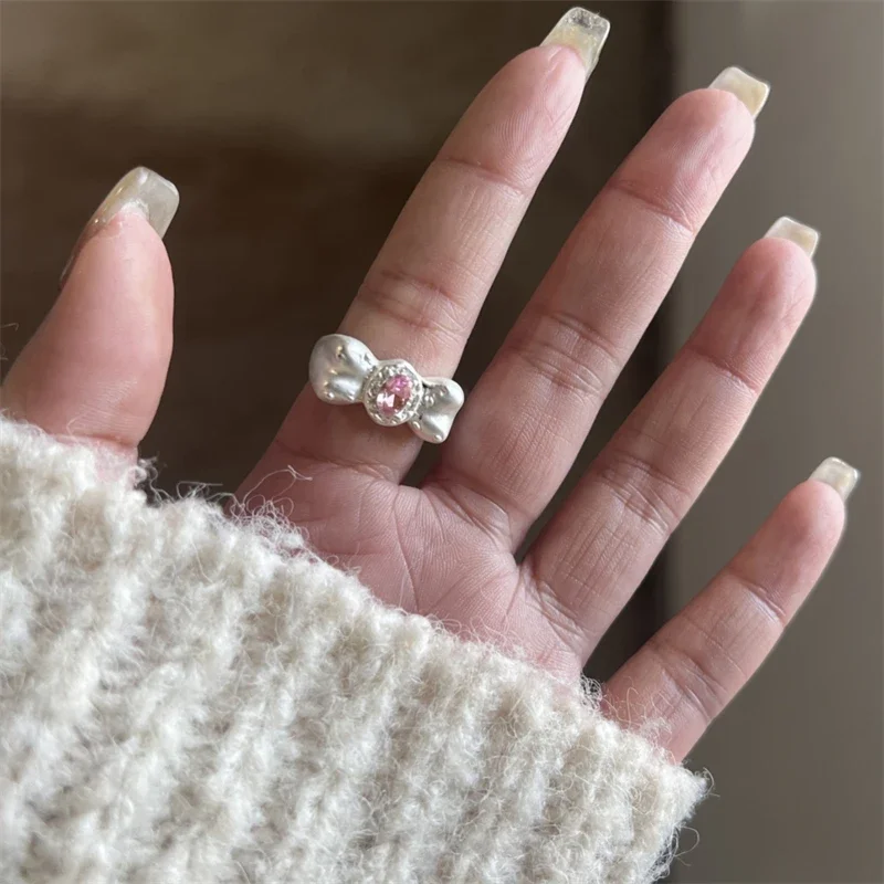 7Pcs Y2K Cute Pink Bow Heart Stackable Ring Set Silver Tone Rhinestone Open Rings for Women Girls E-girl Aesthetic Jewelry