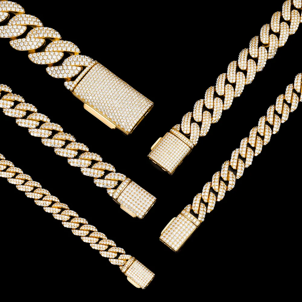 Silver Jewelry .925 Gold Plated Moissanite 6mm 10mm for Angled Style Cuban Link Chains Certified for Hip Hop Men