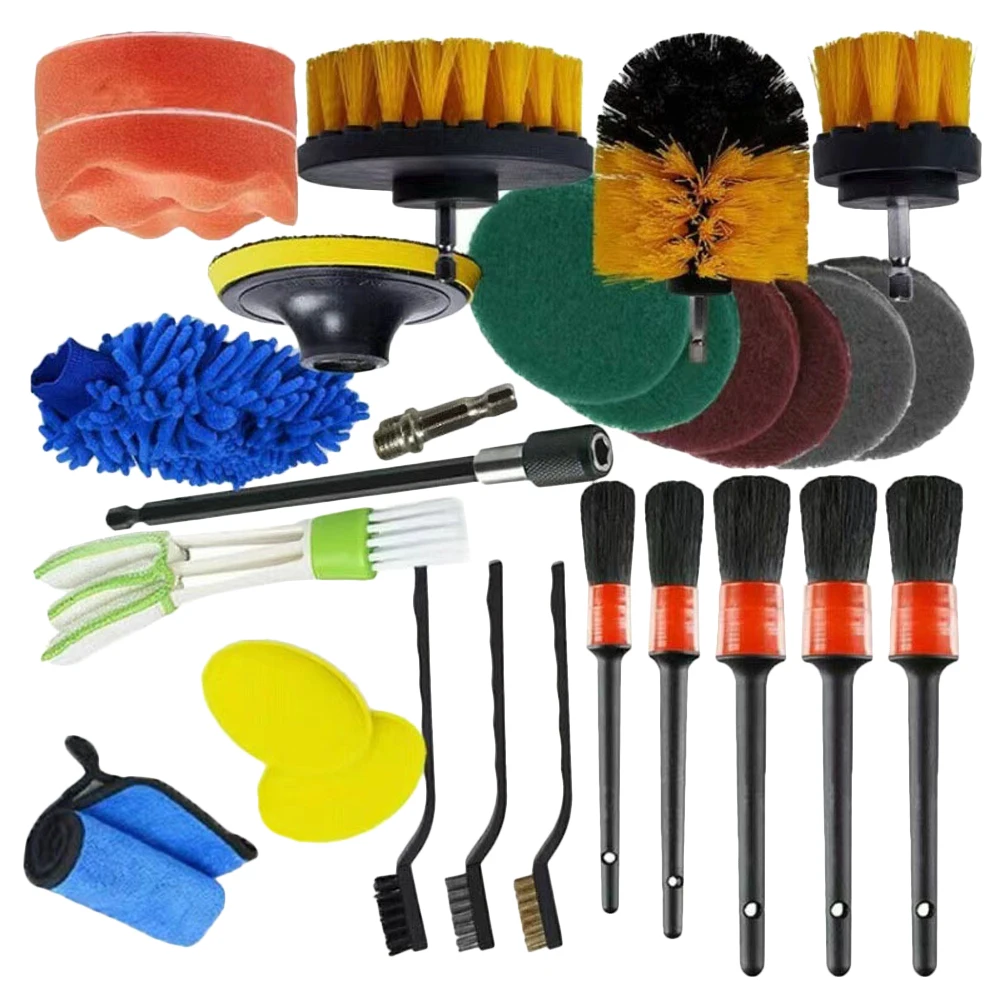 27Pcs Car Detailing Brush Kit Wheel Cleaning Detail Drill Detailing Brush Set Air Conditioner Vents Towel Polisher Scrubber Tool