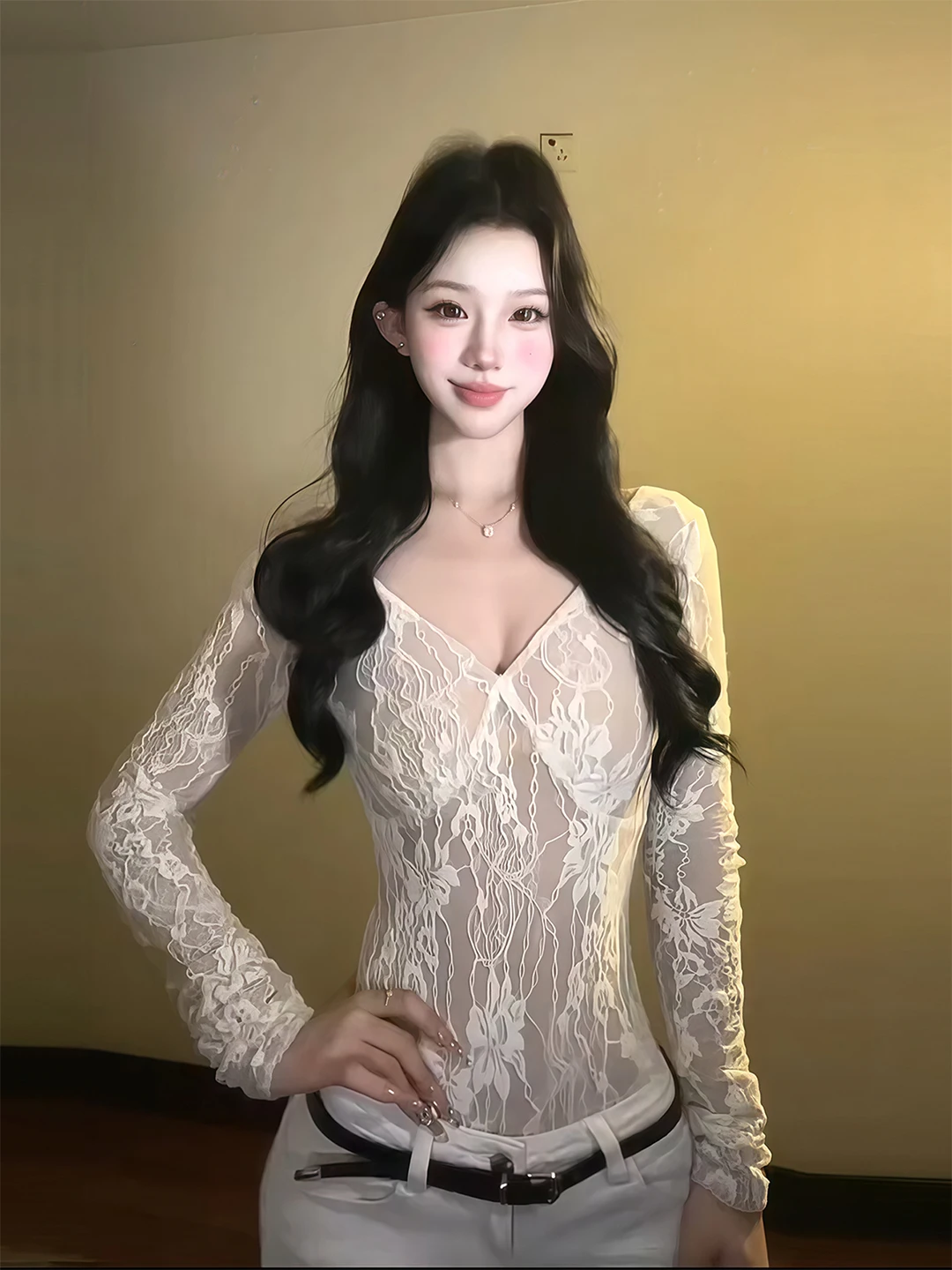 

Korean Sle Pure Desire Long Sve V-Ne Lace Onesie Women's Spring Faion Slimming Top High Waist Lace Splice Straight Tube