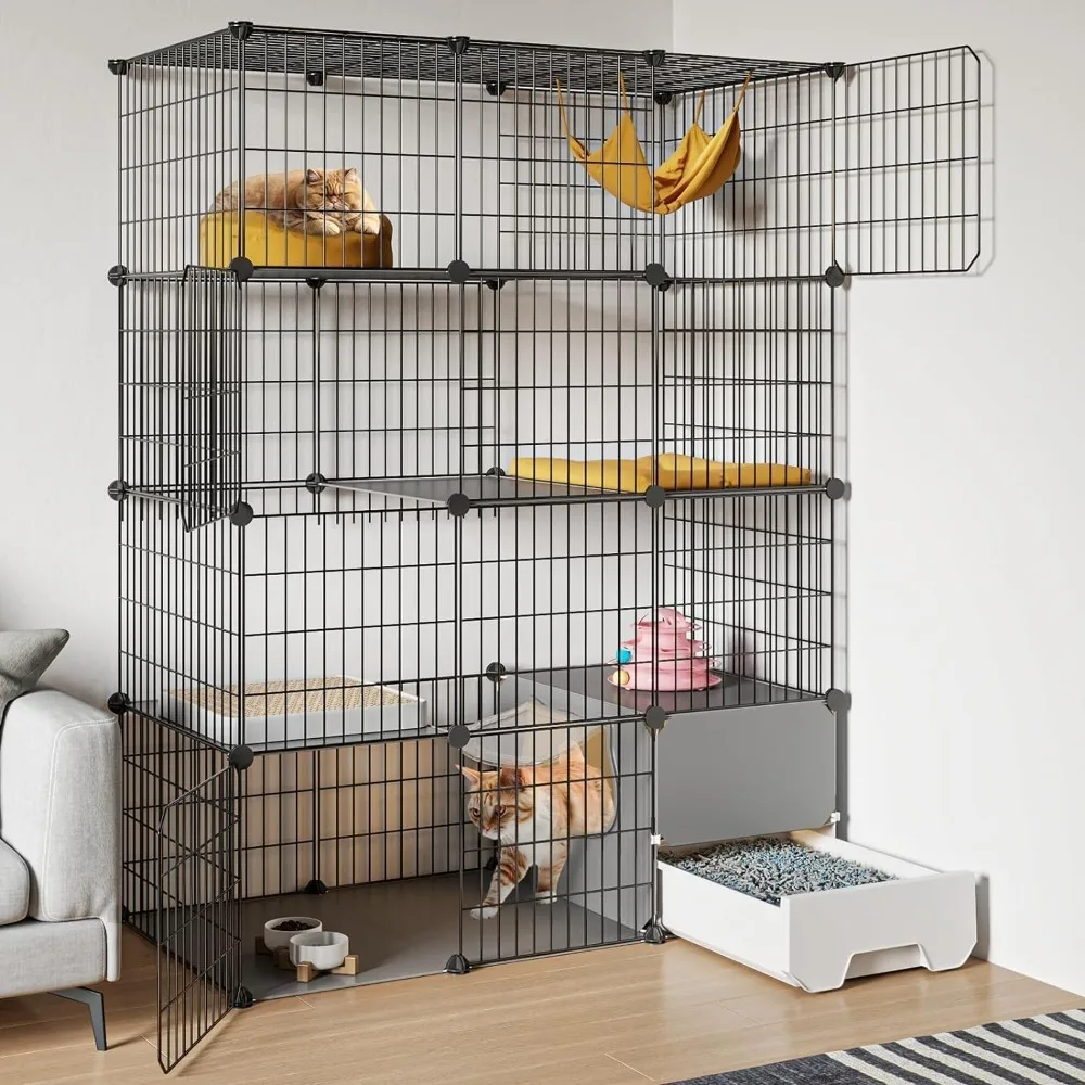 

Cat Cage with Litter Box,4-Tier DIY Cat Enclosures Large Playpen Detachable Metal Wire Kennel Indoor Crate Large Exercise Place