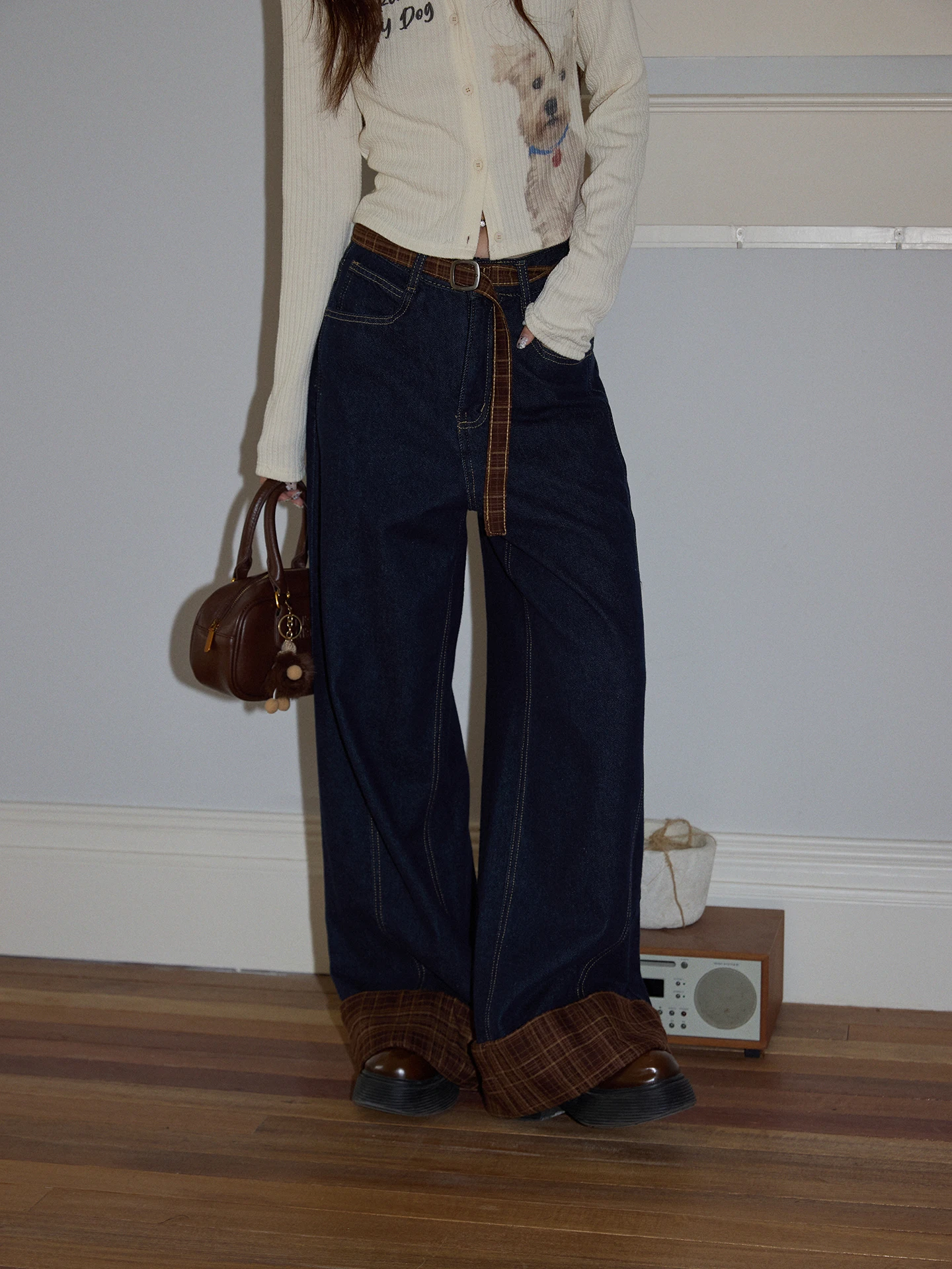 

Ретро-джинсы в американском стиле с вставками, женские, с высокой талией, прямые, повседневные брюки, осенние, свободные, широкие, в пол