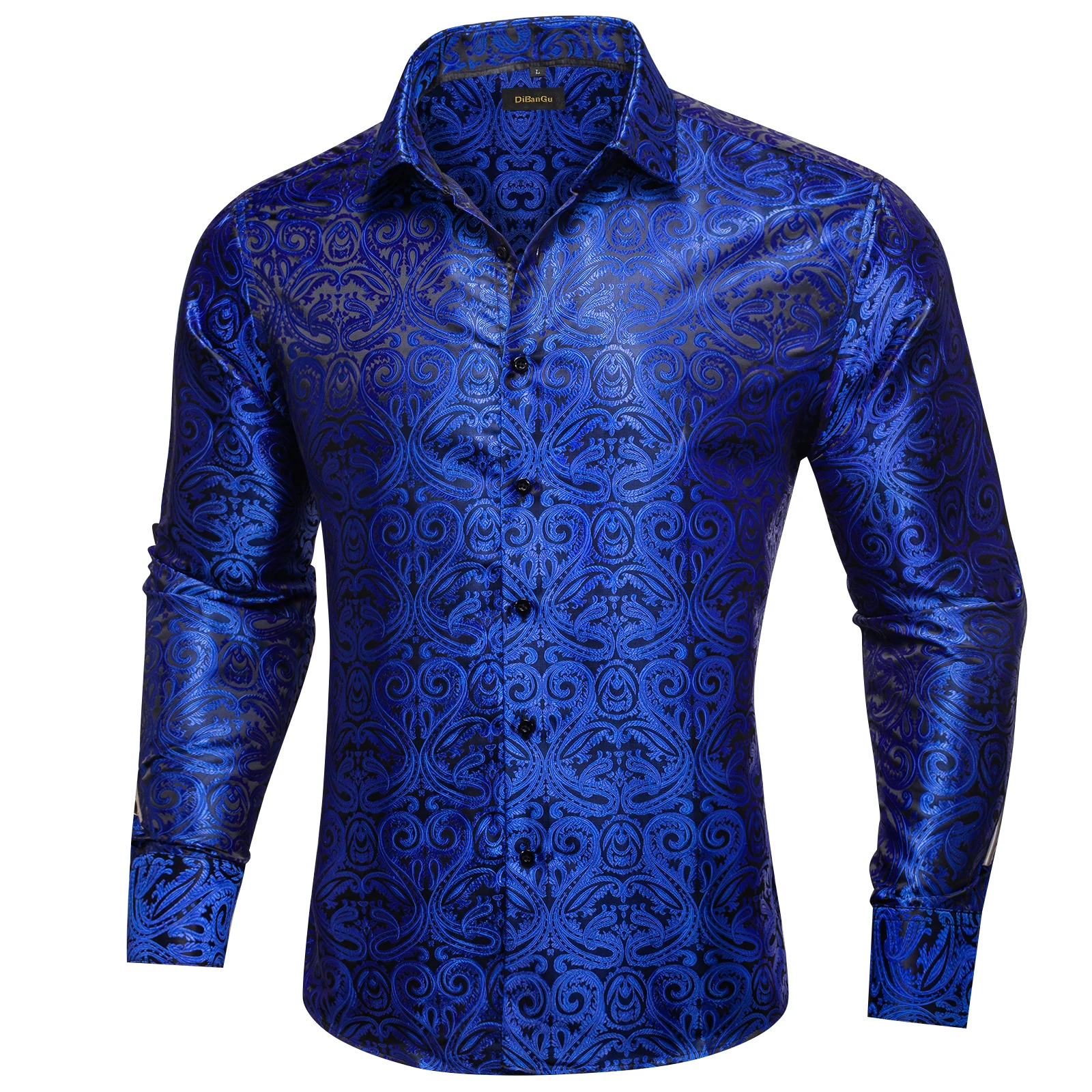 Royal Blue Paisley Solid Silk Polyester Shirts for Men Long Sleeve Wedding Party Prom Dress Button Dowm Collar Shirts and Blouse