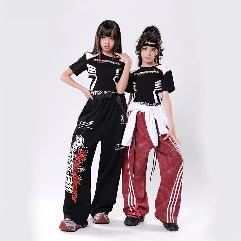 Mädchen Hip Hop Street Dance Kostüm Schwarz T-shirt Baggy Hosen Kleidung Sets Gruppe Leistung Jazz Show Bühne Dance Wear Outfits