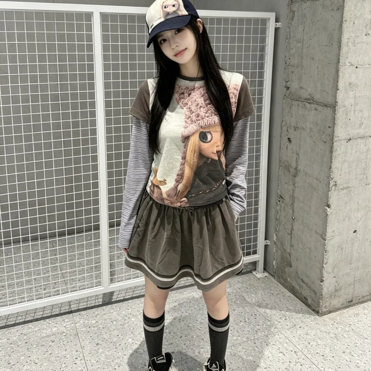 Coyseio Blythe Collaborative Striped Long Sleeve T-Shirt Women's College Style Cotton Summer Top Doll Character Print
