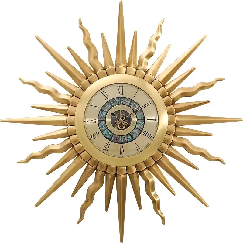 modern light luxury style brass sun wall clock villa living room decoration creative clock European retro wall large