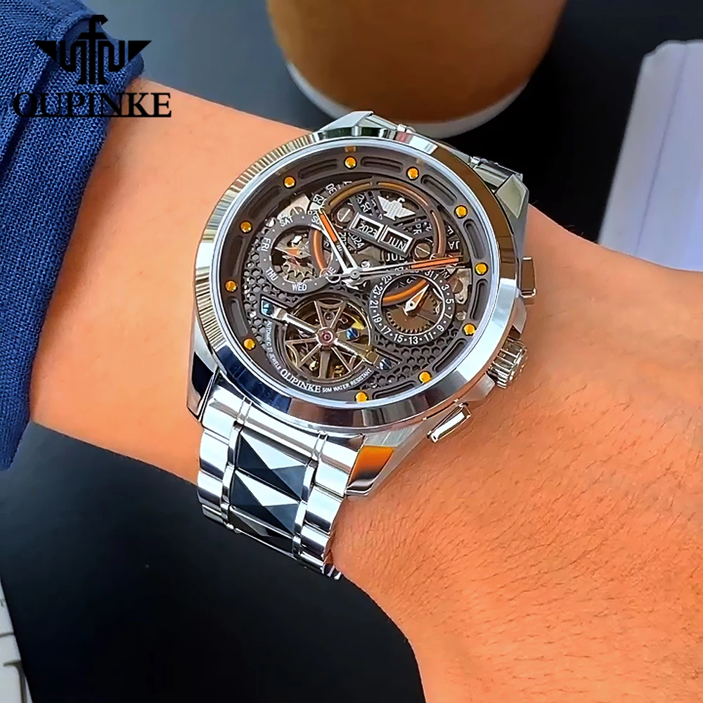 OUPINKE Men's Watches Trend Fashion Tungsten Steel Fully Automatic Wristwatch Hollow Out Mechanical Flywheel Dial Calendar 3249