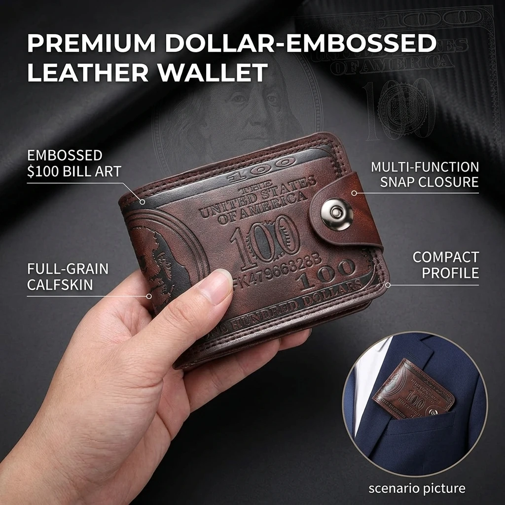 2 colors Men's 100 Dollar Bill Leather Wallet Bifold Design Snap Button Card Holder Cash Pocket Fashion Novelty Wallet