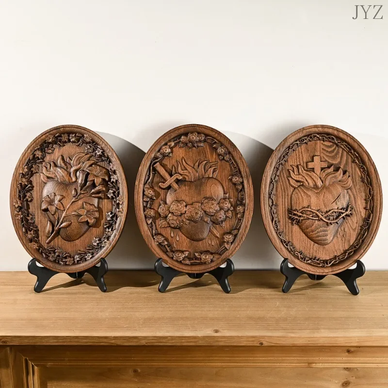 

Holy Family Three Hearts Wall Decoration, Wood Carving Sacred Heart of Jesus Heart of Joseph Wood Decor