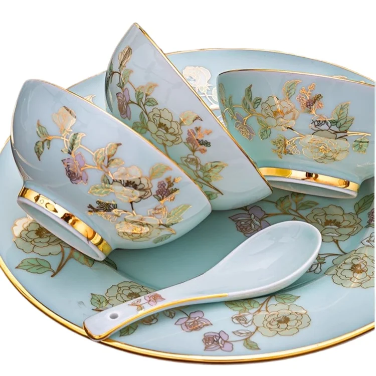 Luxury Chinese Porcelain Dinnerware Set -  High-Temperature Green Porcelain Bowls and Dishes for Housewarming and Fine Dining