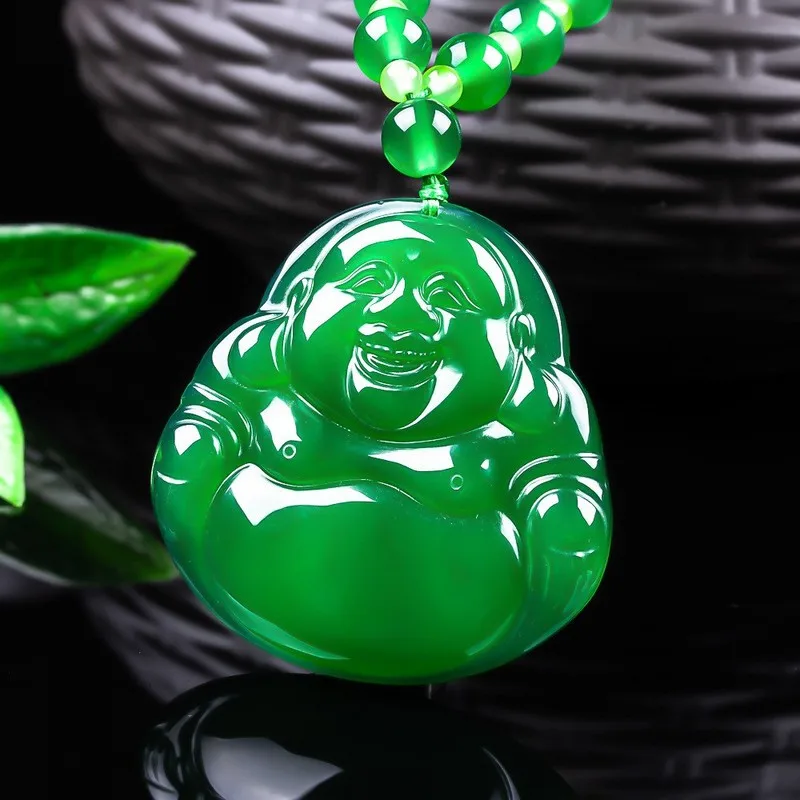 Jade necklace, large pendant, with a big belly, ice-grade Laughing Buddha, imperial green chalced