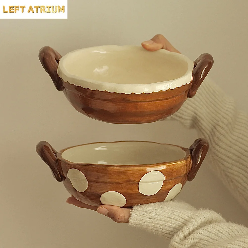 

Japanese Style Vintage Porcelain Bowl Double Handles Contrast Color High Grade Ceramic Food Container Yogurt Fruit Salad Bowls