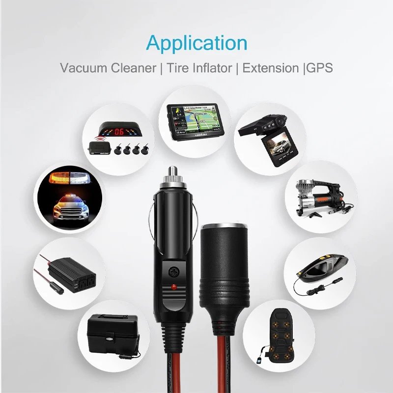 Car cigarette lighter socket extension cable 2 meters 12V 10A male plug to female socket extension cable