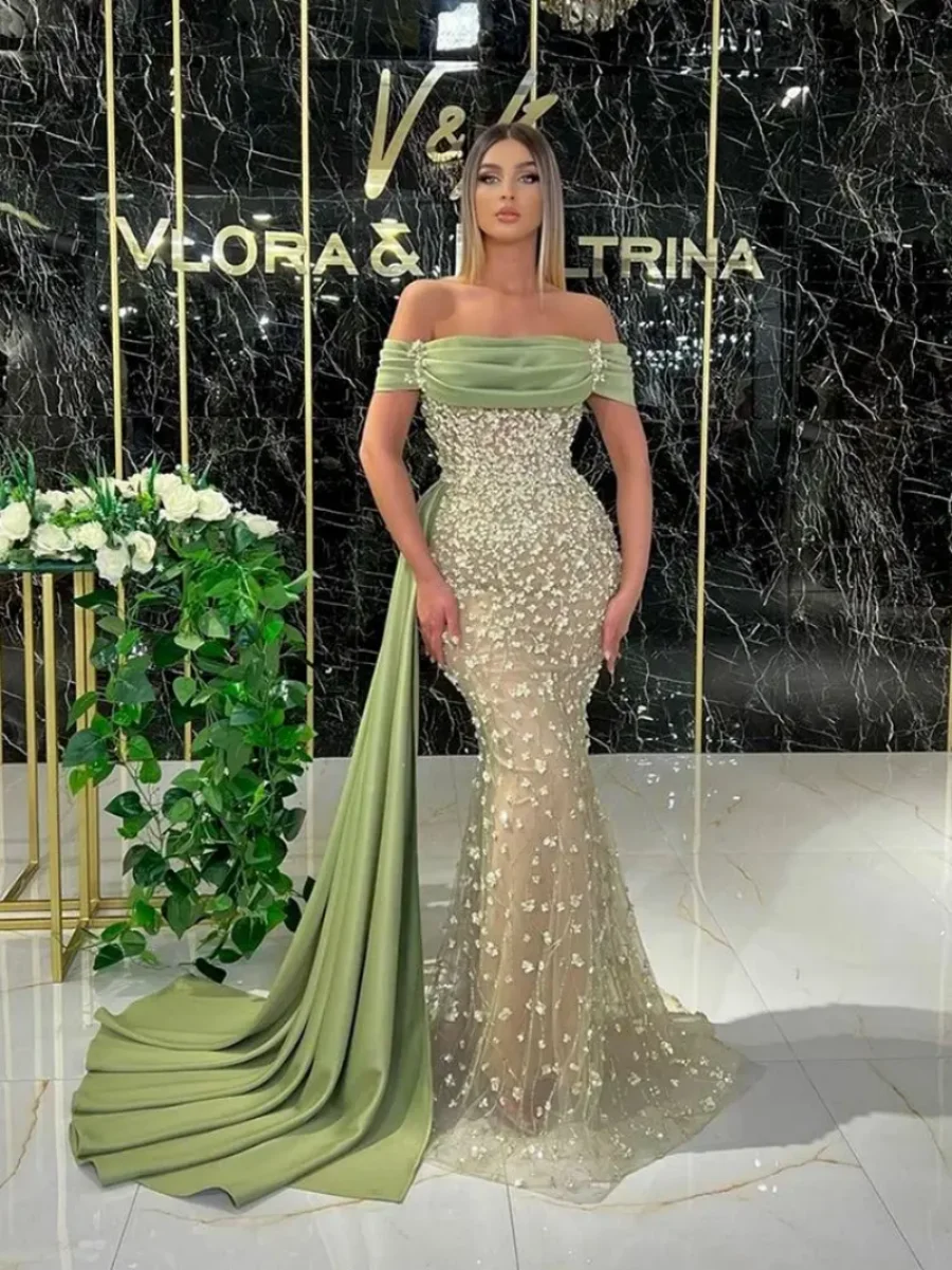 2024 Green Mermaid Evening Dresses Off the Shooulder Pleats Lace Tulle Beads Prom Gowns Long Formal Celebrity Dresses For Women