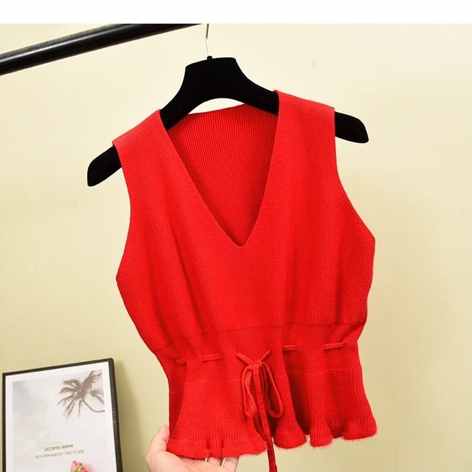 

2021 Autumn Winter Knitted Vest Coat Waist Closing Trend Waistcoat Women Wear Loose Korean V-neck Pullover Girl Student Red