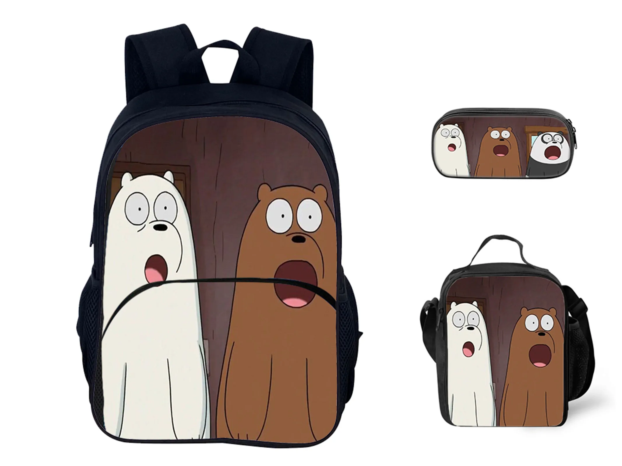 

HOT Kid Student We Bare Bears Multifunction Knapsack 3 in 1 Set-Big Backpack+Reusable Lunch Bag+Pencil Box for School