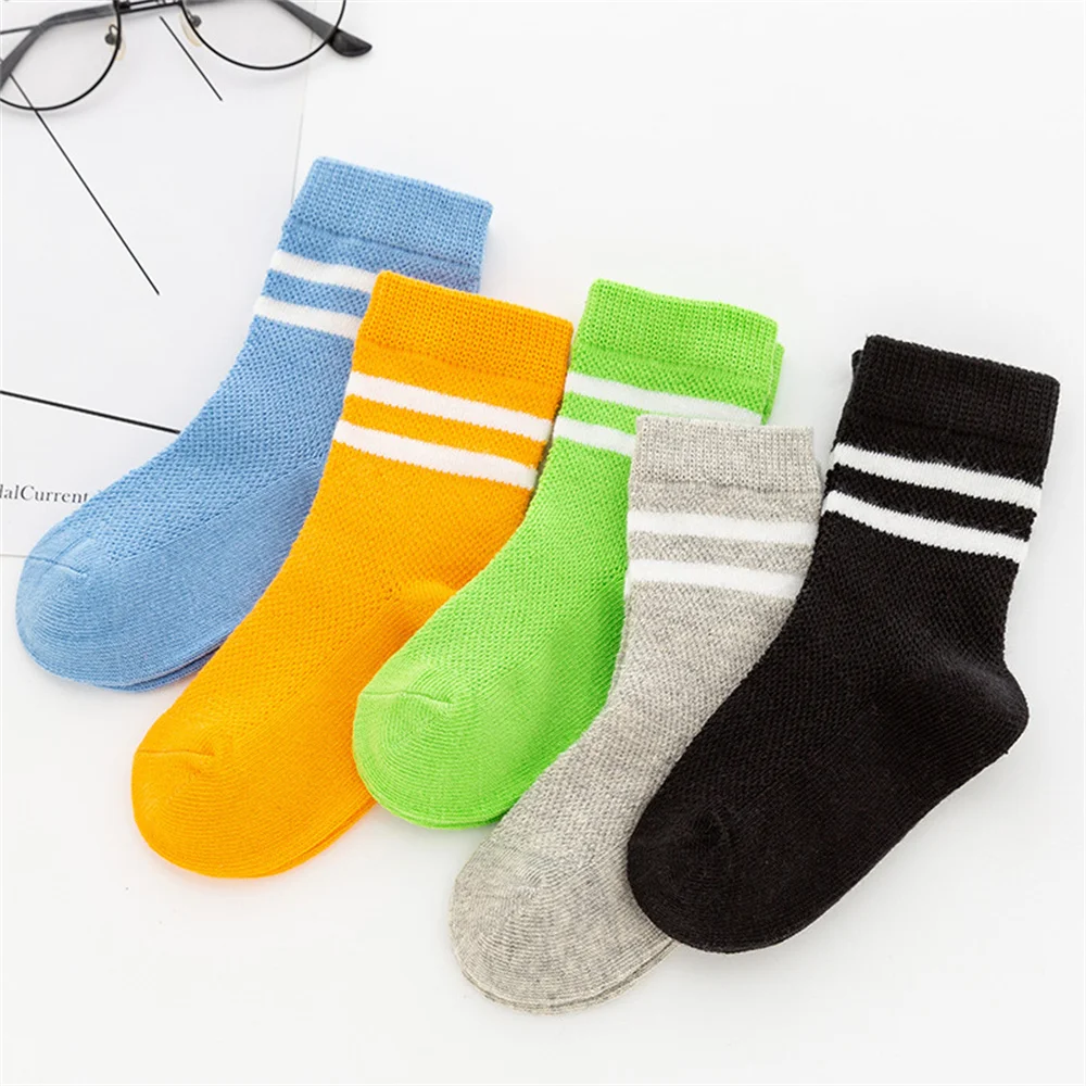 Odor Resistant Sweat Absorbing Children Sports Socks Breathable Striped Childrens Mid Length Socks Not Shrink Kids Cotton Socks