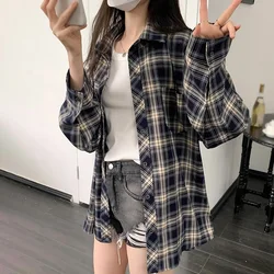 Summer Vintage Sun Protection Long Sleeve Shirt Plaid Lapel Collar Loose Fit Versatile Women's Casual Shirt Korean Version