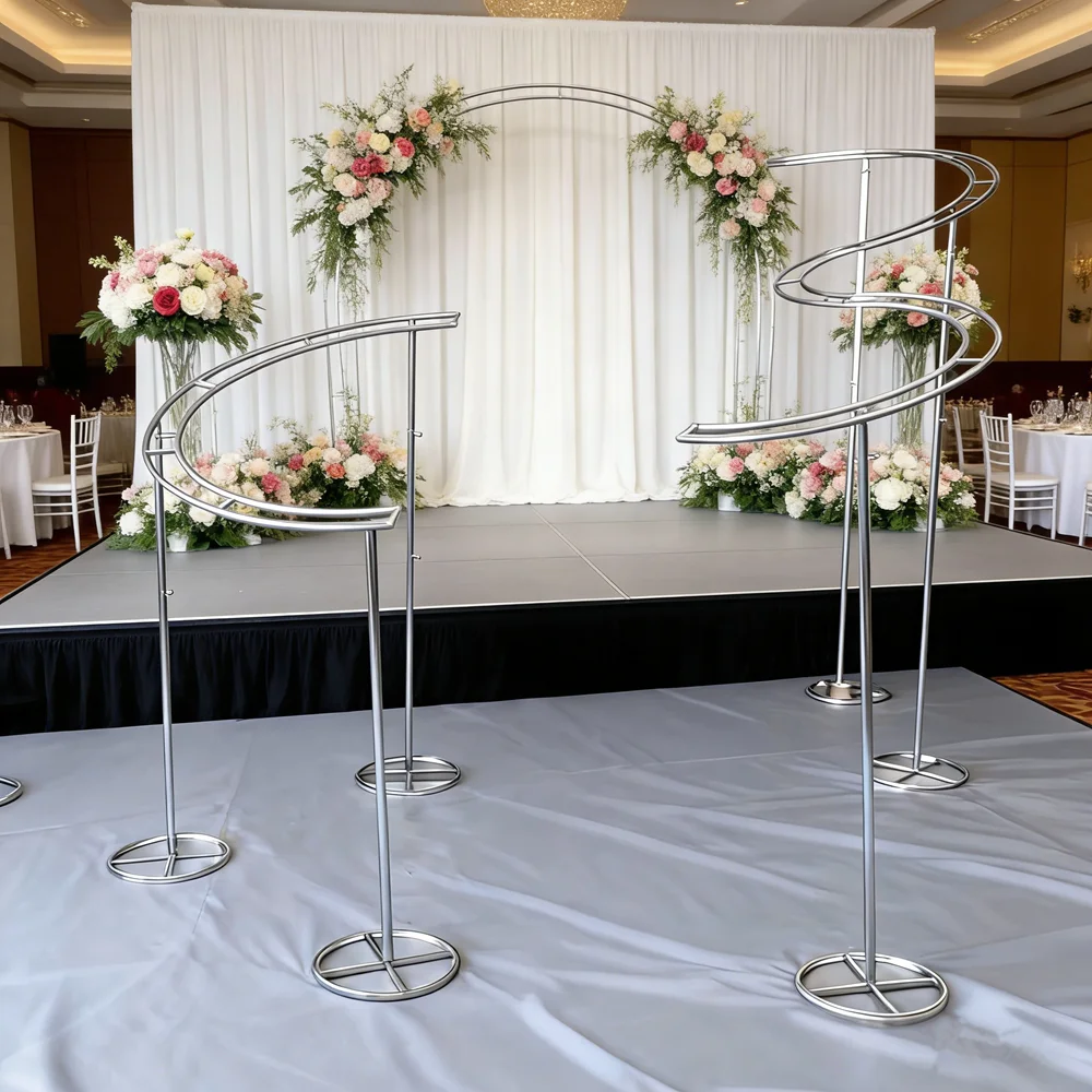 Hochzeitsbühnen-Hintergrund, Blumenbogen, geschwungener Hintergrund, Willkommensrahmen, Requisitenständer, Vorhangband, Spitzenrahmen, eleganter Metallbogen geeignet – Detail 4