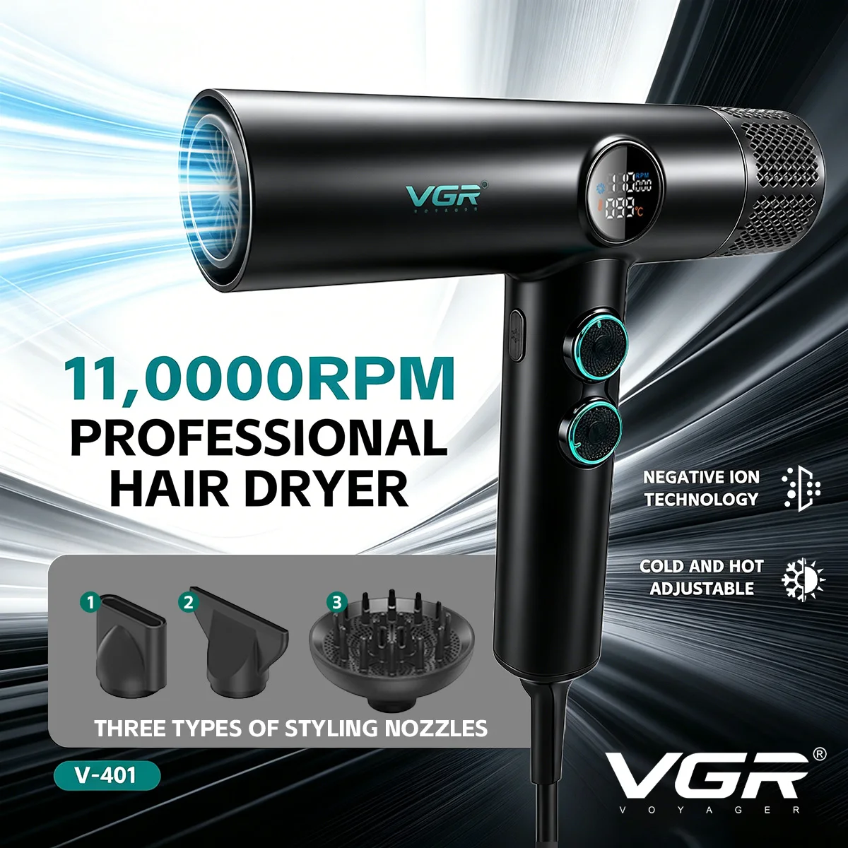 VGR Haartrockner Professionell Heiß- und Kalteinstellung 110000 U/min Haartrockner Leistungsstark Friseursalon für den Hausgebrauch V-401