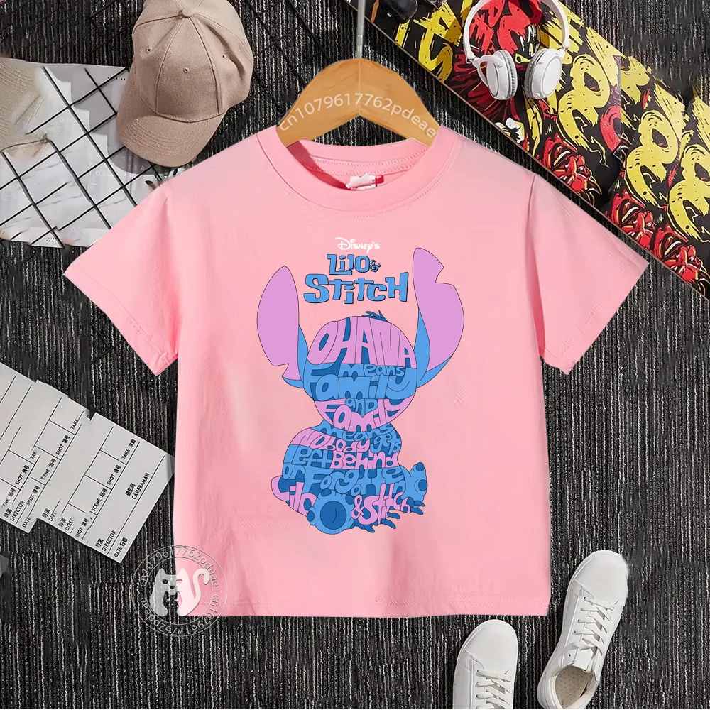 Disney Teen Summer Hip Hop Style 100% Cotton T-shirt Outdoor Stitch Print Kids Crewneck T-shirt Boys Girls Casual top