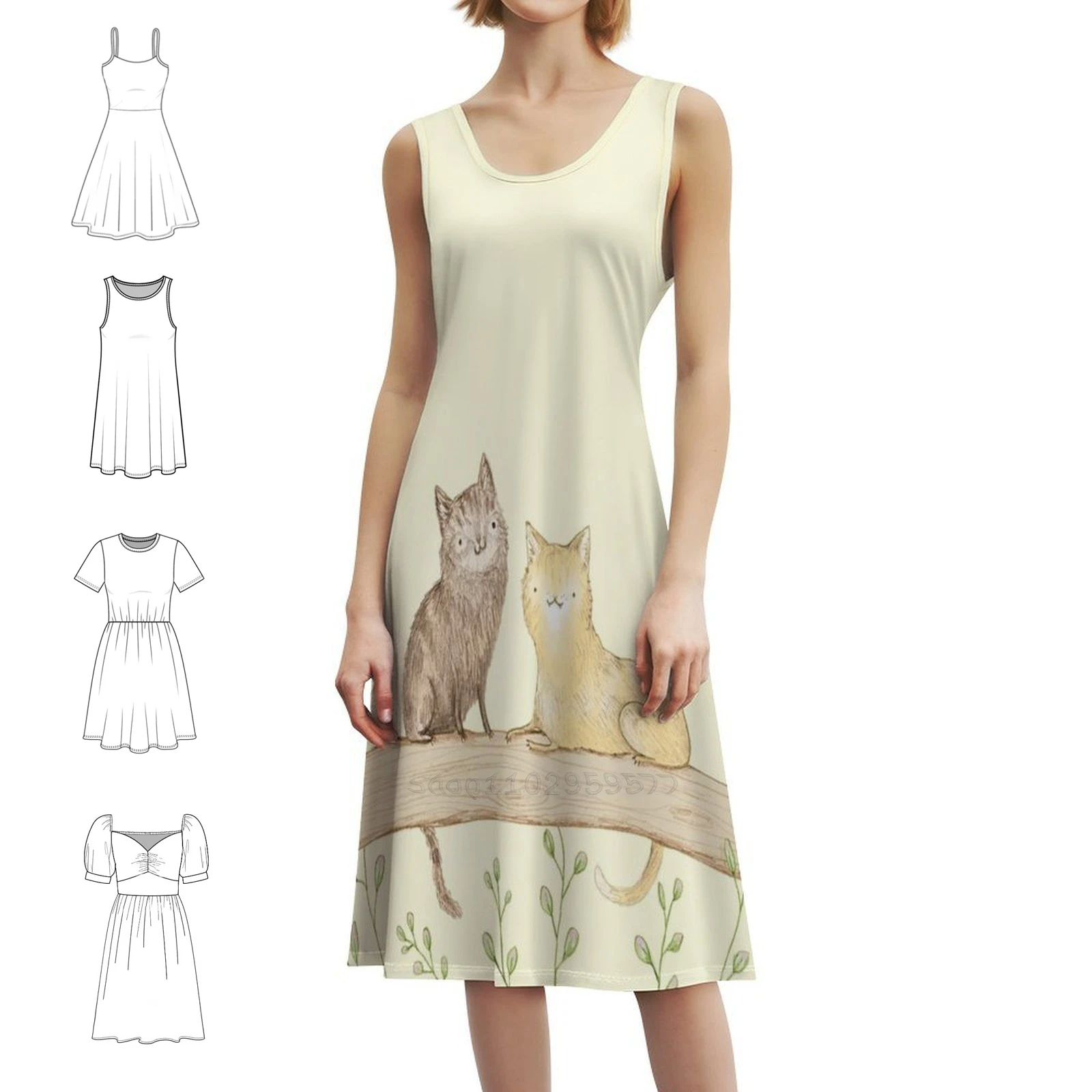 القطط على السياج المرأة الهيب هوب الشارع الشهير فستان الجرافيك طباعة ملابس للنادي القطط سياج على السياج لطيف البسيط المرأة