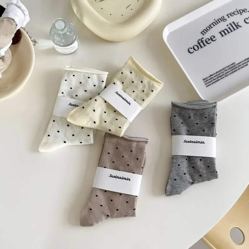 Women's Spring Summer Thin Vintage Cream Curled-edge Women's Socks Polka Dot Mid-tube Socks Artistic Socks Women's Clothing