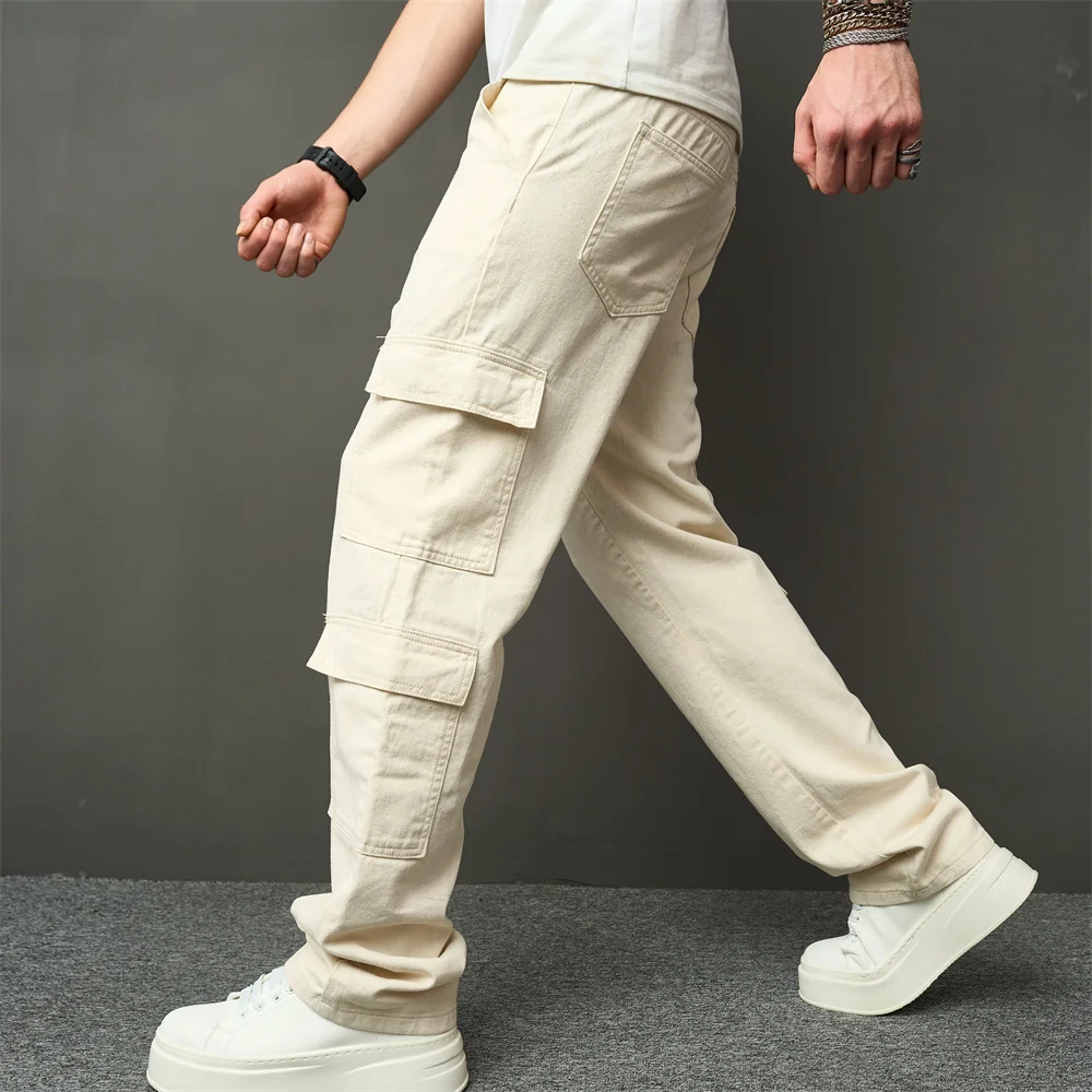 Streetwear Stylish Retro Multi pocket Cargo Men Jeans Male Good Quality Solid Loose Casual Straight Denim Pants