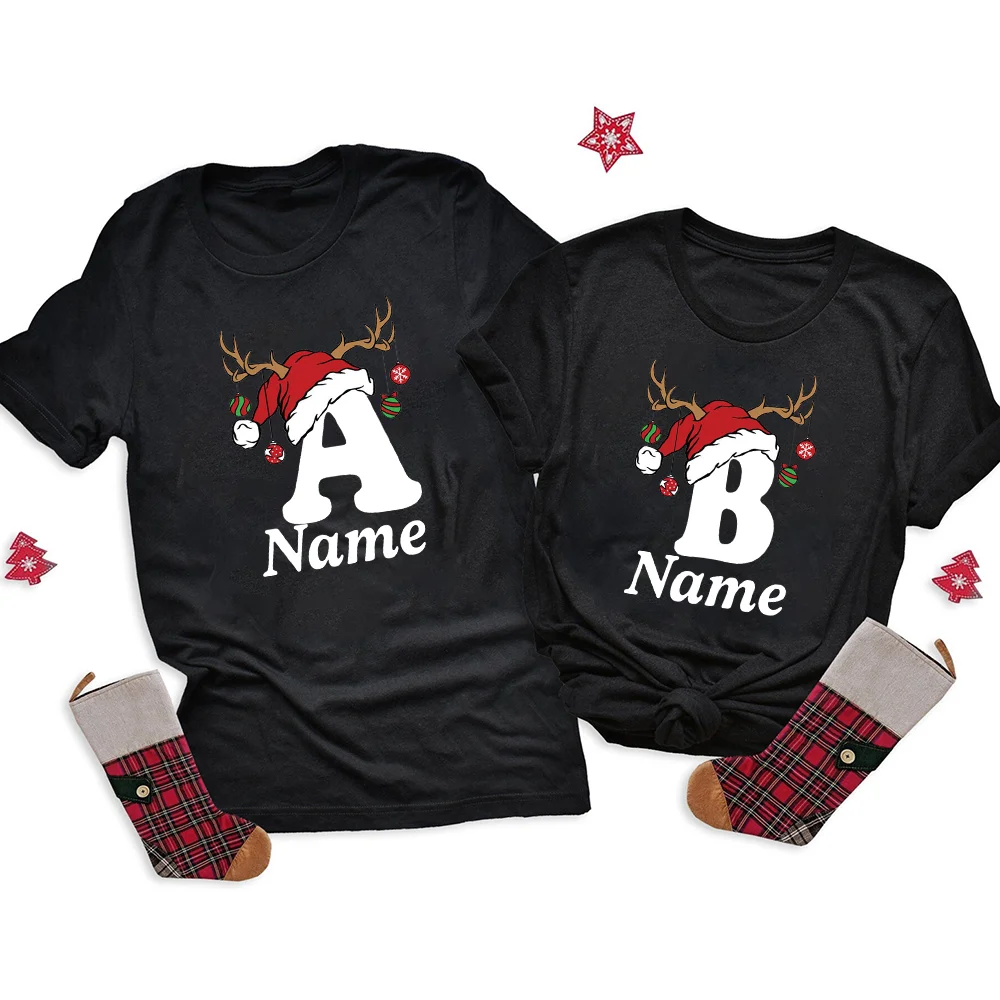 Personalized Christmas Family Matching Shirt Initial with Name T-shirt Dad Mom Sister Brother Shirts Tops Baby Bodysuit Romper