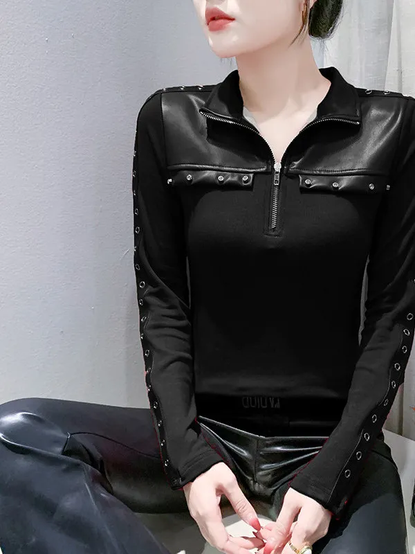 Slim Fit Zipper T-Shirt Pure Color Thin Base Shirt Leather Patchwork Autumn Winter New Style Women's Fashion Personality Top