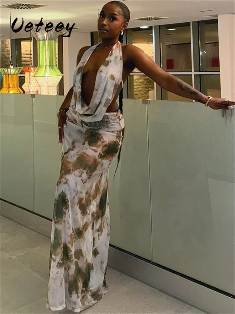 

Ueteey Tie-Dye Print 2 Piece Set Women Bandage Halter Low-Neck Camisole+Ruched Skirts 2025 Vacation Beach Stlye Sexy Suits