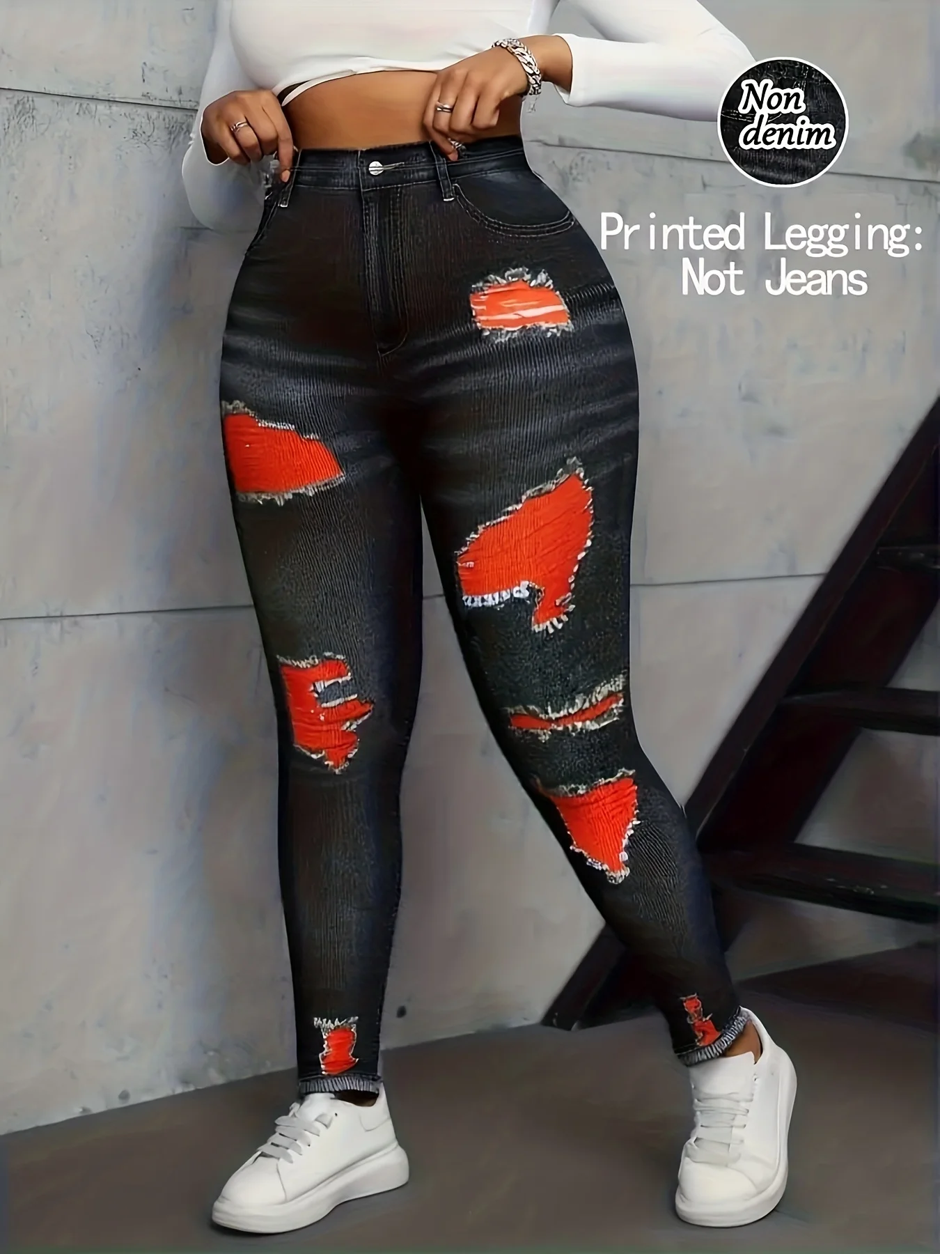 Women High Waist Slim Fake Denim Floral Print Long Pants, Casual Sports Daily Wear