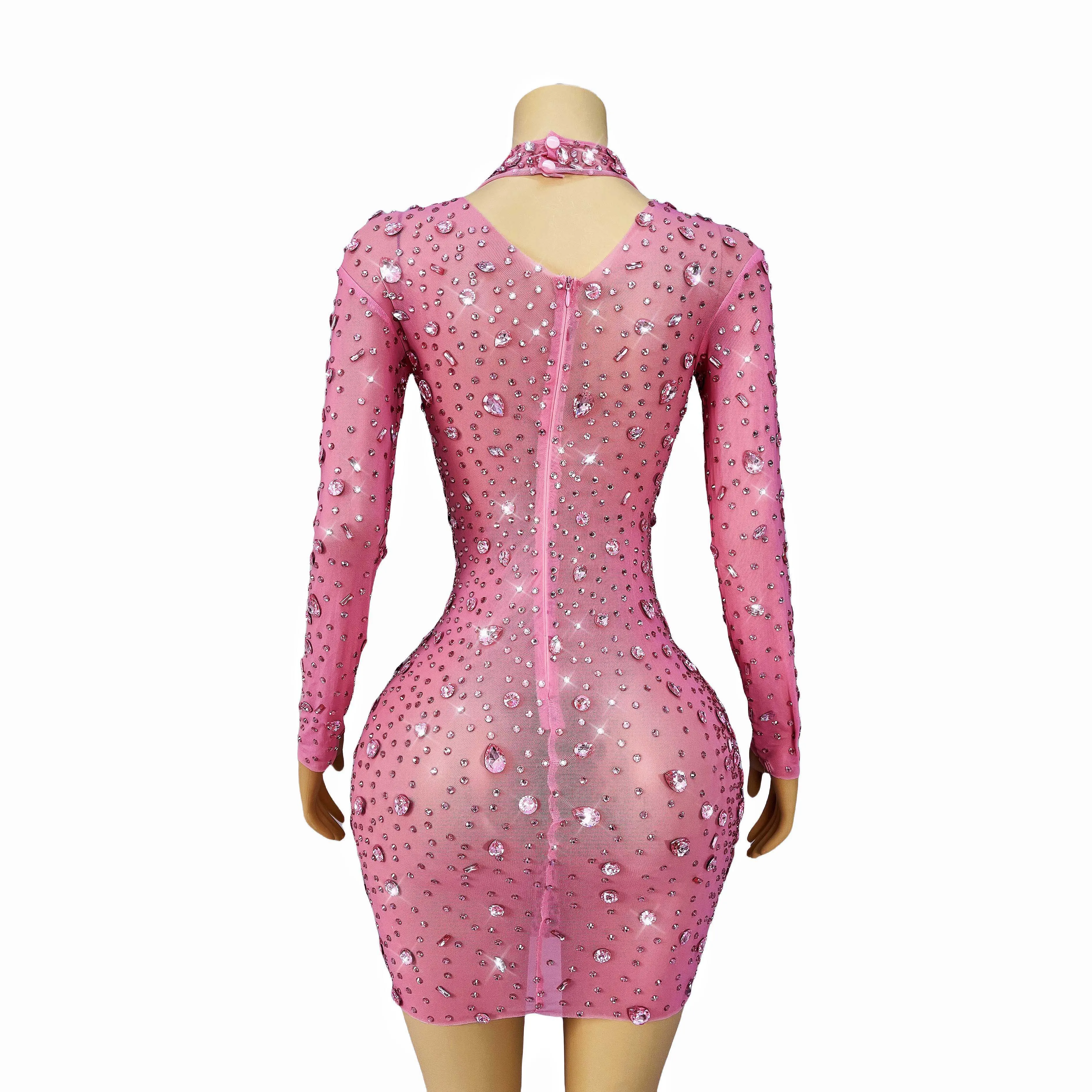 Luxury Pink Rheinstone Long Sleeve Dress Sexy Sheer Costume Dance Stage Wedding Nightclub Handmade Costumes cuican