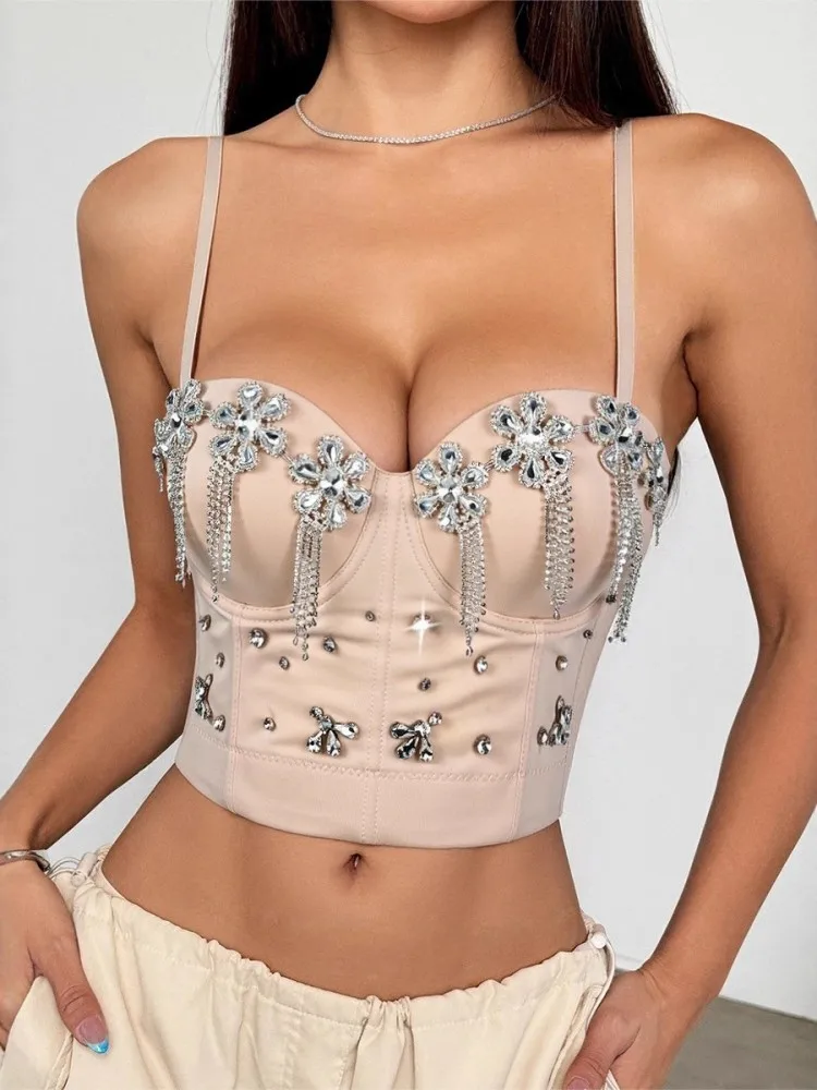 

Женский корсет со стразами, топ, женские майки для ночного клуба, жемчуг, короткая грудь, сексуальный камзол Mujer, нижнее белье, бюстгальтер-труба, Debardeur