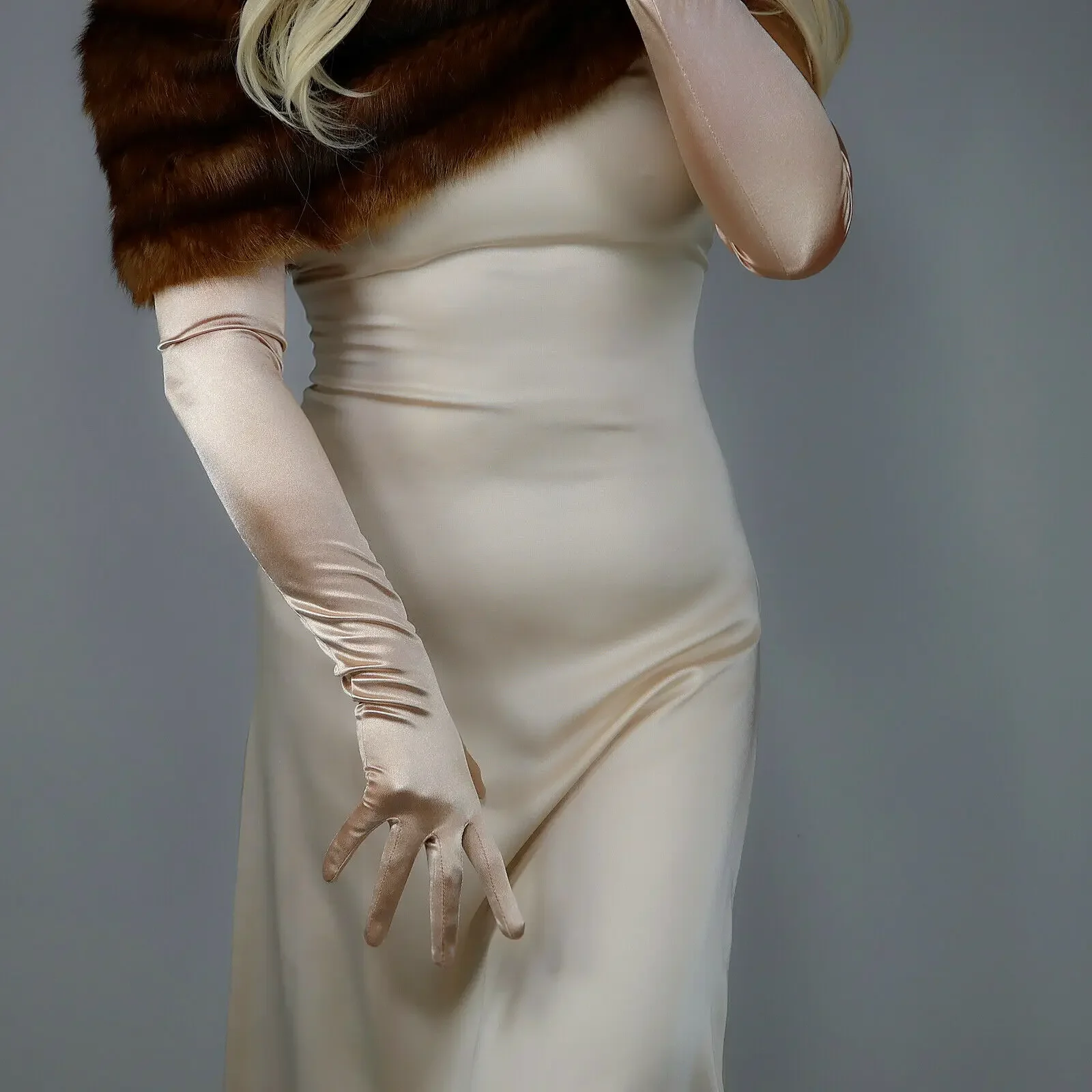 SATIN Nude Beige GLOVES Golden Ivory Stretch Silk 70cm Super Long Fashion Costume Opera Wedding Cosplay Halloween Evening Glove
