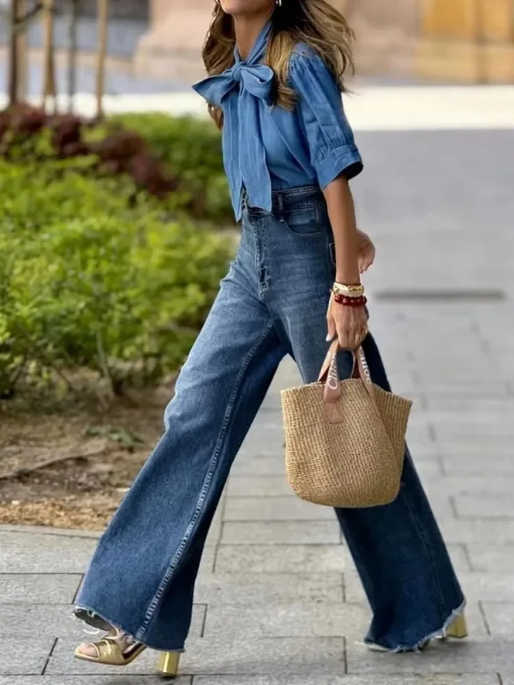 Uoozee 2024 New Female Fashion Blue Jeans High Waist Full Length Straight Leg Pants Urban Casual Commute Trousers Office Lady