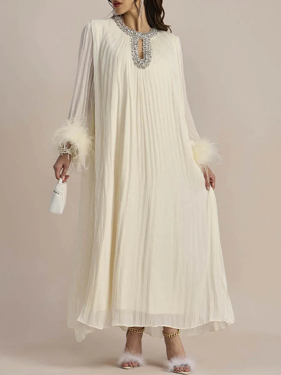 VGH Fashion Spliced Feathers Loose Chic Dress For Women O Neck Long Sleeve Hollow Out Patchwork Diamonds Pleated Dresses Female