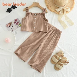 Bear Leader 2024 Summer New 3-7-year-old Girls' Pants Set Two Piece Embroidered Strap Single breasted Wide Leg Pants for Girls