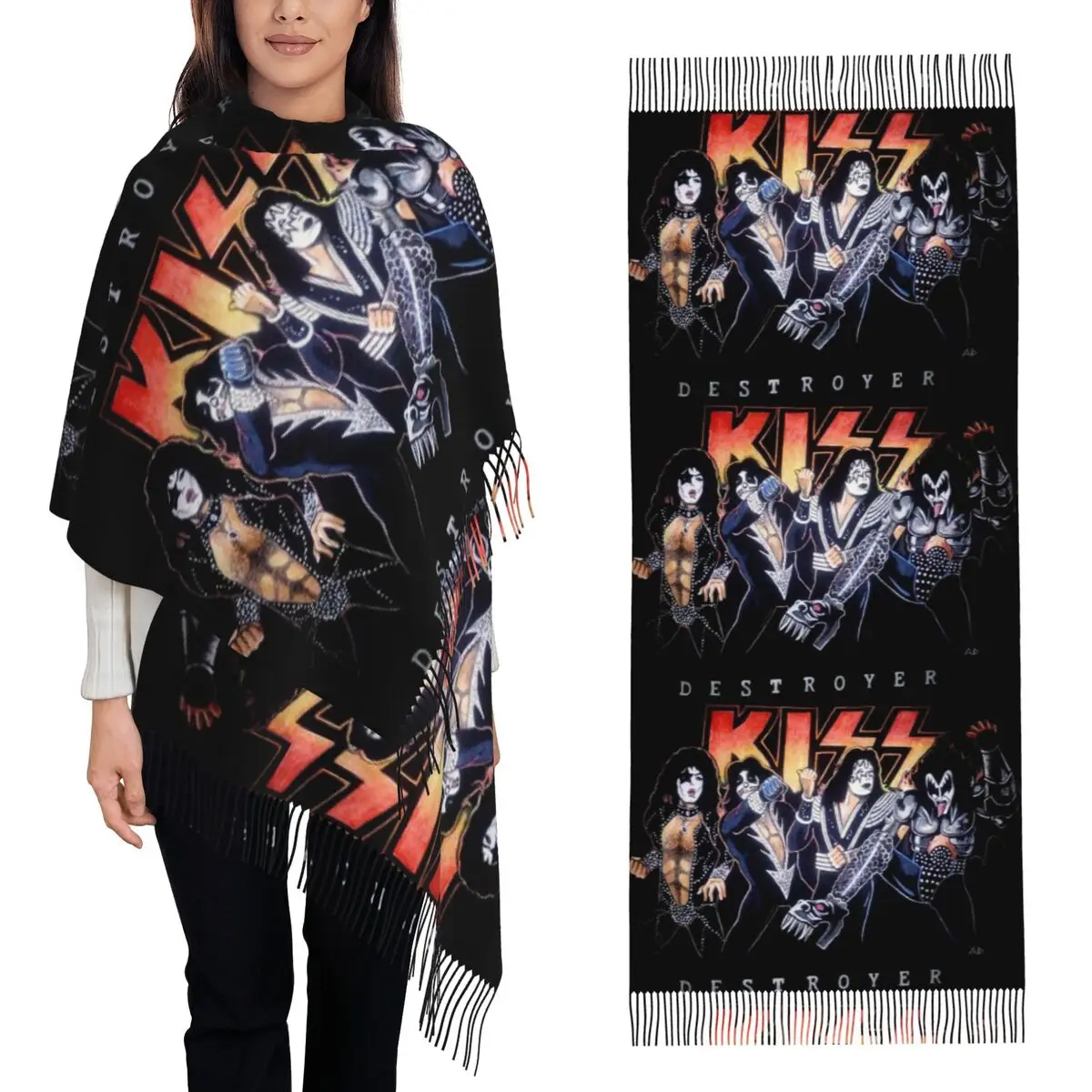 Kiss Rock Band Retor スカーフ タッセルスカーフ 女性用 ソフトで暖かいショールとラップ 大きな秋冬ショールラップ